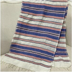 J. CREW Blue, Pink & White Striped Textured Rectangular Tassel Scarf